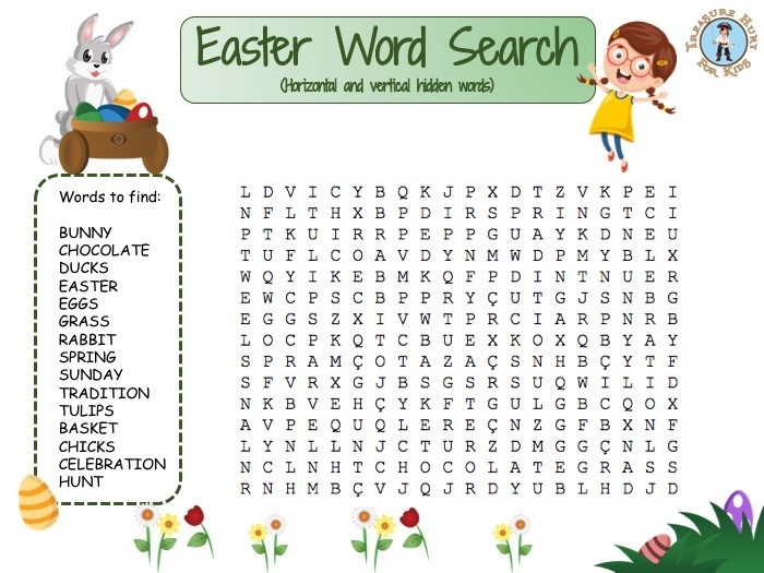 Fourth grade students solve an Easter themed word search puzzle with 18 seasonal vocabulary words