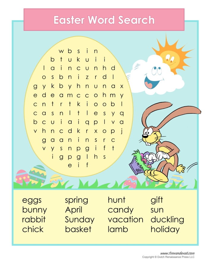 Easter Word Search Puzzle worksheet featuring 18 vocabulary words for fourth graders