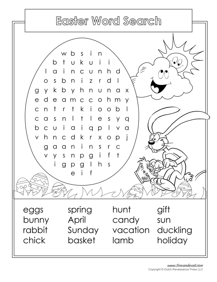 Easter Word Search Puzzle worksheet for fourth graders featuring 18 vocabulary words to find