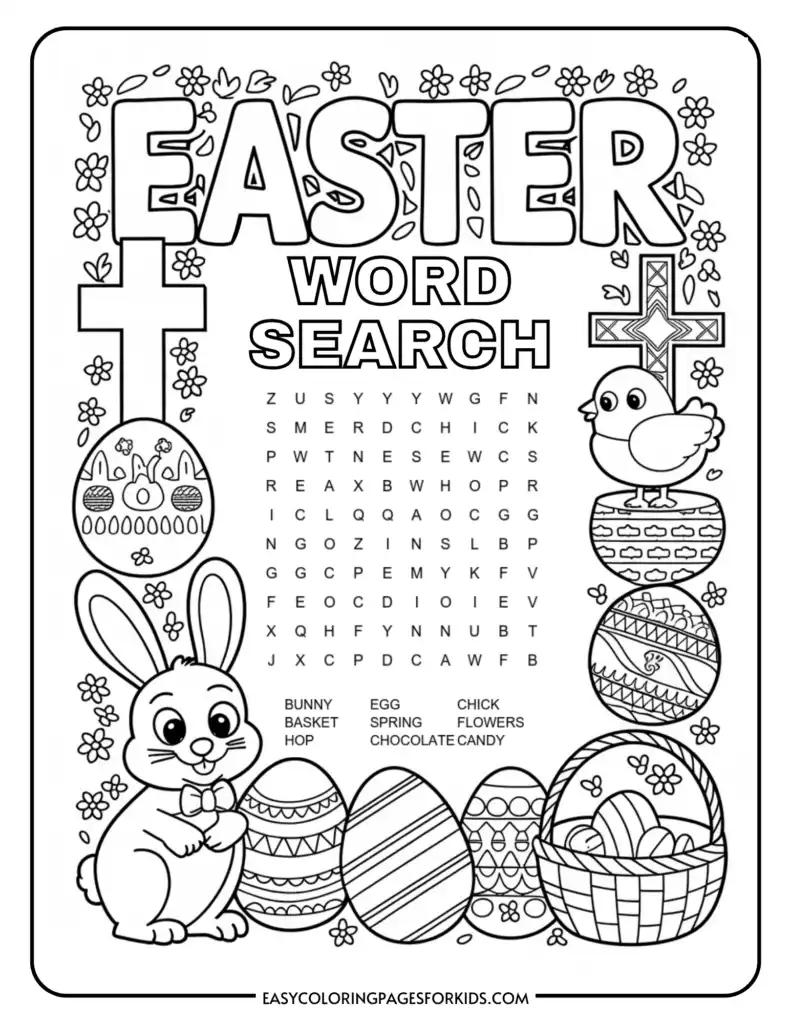 First grade students practicing spelling with an Easter themed word search puzzle sheet 16