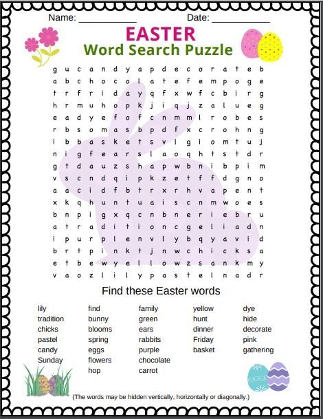 Easter Word Search Puzzle worksheet for fourth graders featuring 18 related words
