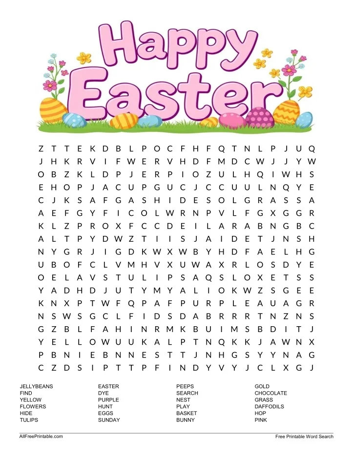 Easter Word Search Puzzle worksheet for first grade students featuring fun holiday vocabulary