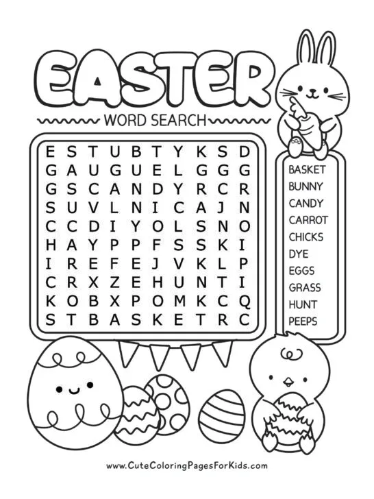 Easter Word Search Puzzle worksheet for fourth graders featuring 18 holiday-themed words