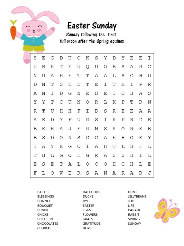 Easter Word Search Puzzle worksheet for first graders to enhance vocabulary and spelling skills