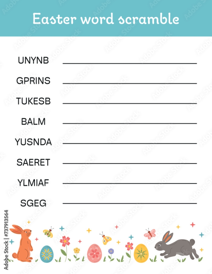 Easter word puzzle worksheet with scrambled letters and spring themed illustrations for early readers Colorful Easter word scramble activity showing mixed up letters for kindergarten students to unscramble into holiday words