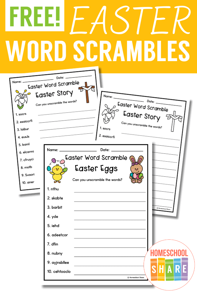 Kindergarten Easter Words Unscramble Worksheet 24 Colorful Easter-themed word unscramble activity for kindergarten students with scrambled letters and Easter pictures