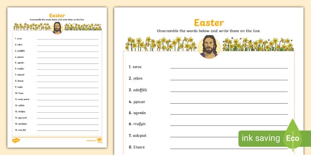 Kindergarten Easter Words Unscramble Learning Worksheet Activity 8 Colorful Easter-themed word scramble activity for kindergarten students with scrambled letters to unscramble