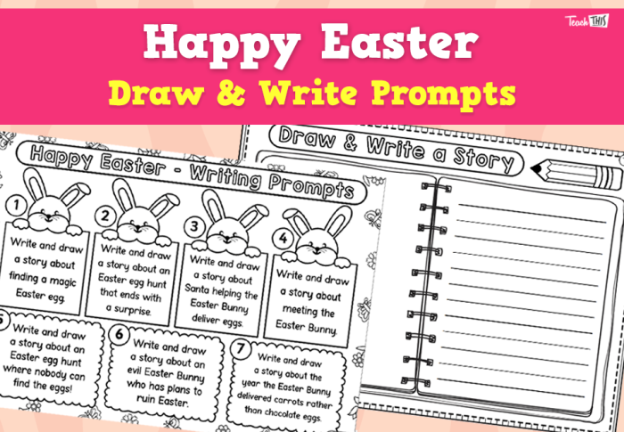 Easter Bunny Adventure Writing Activity for Young Students Second grade Easter writing prompt worksheet featuring imaginative bunny scenario for handwriting practice