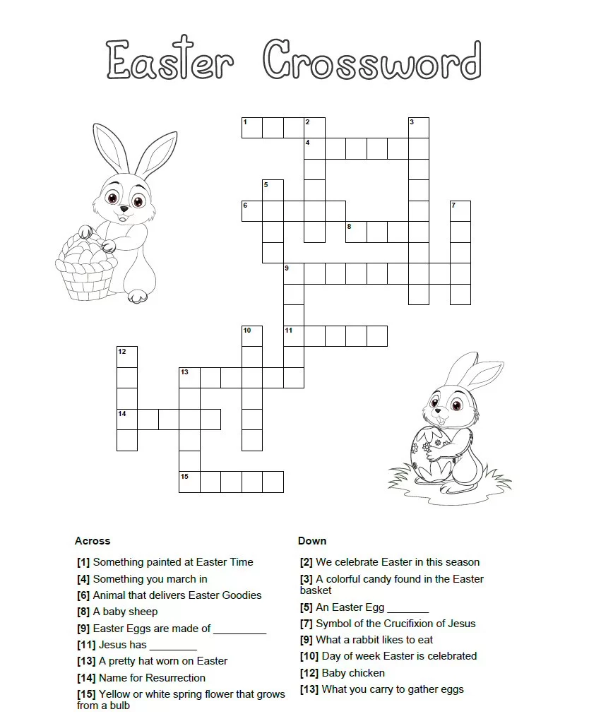 Easy Easter Crossword puzzle for first grade with colorful spring-themed words and pictures
