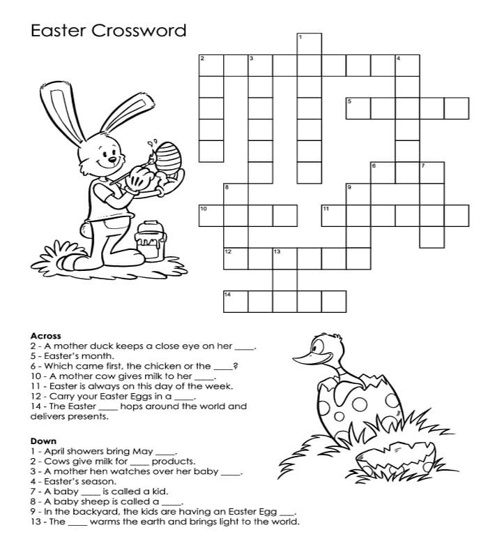 Colorful Easter crossword puzzle with spring-themed words for first grade students to complete