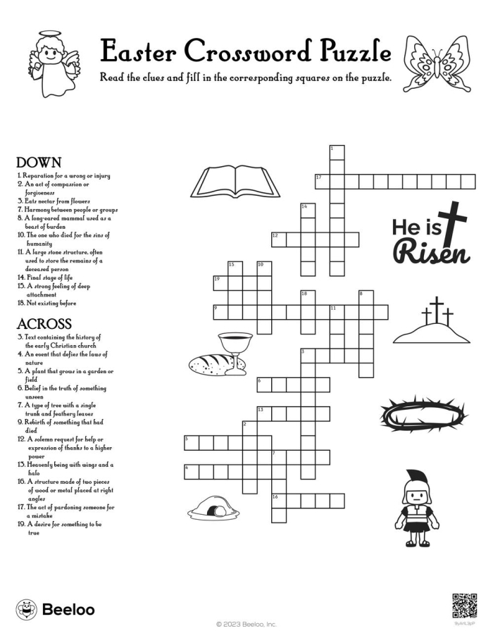 First grade printable Easter crossword puzzle with colorful spring illustrations for handwriting practice