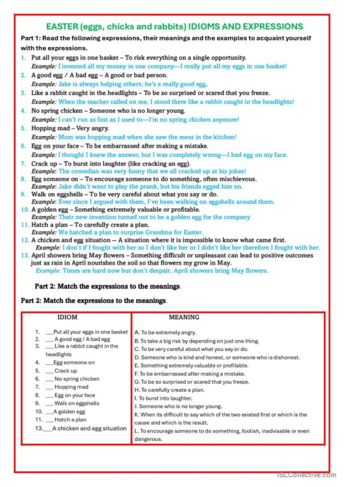 Engaging Easy Easter Idioms activity for students to explore contextual meanings Easter idioms worksheet designed for fourth graders to enhance reading skills
