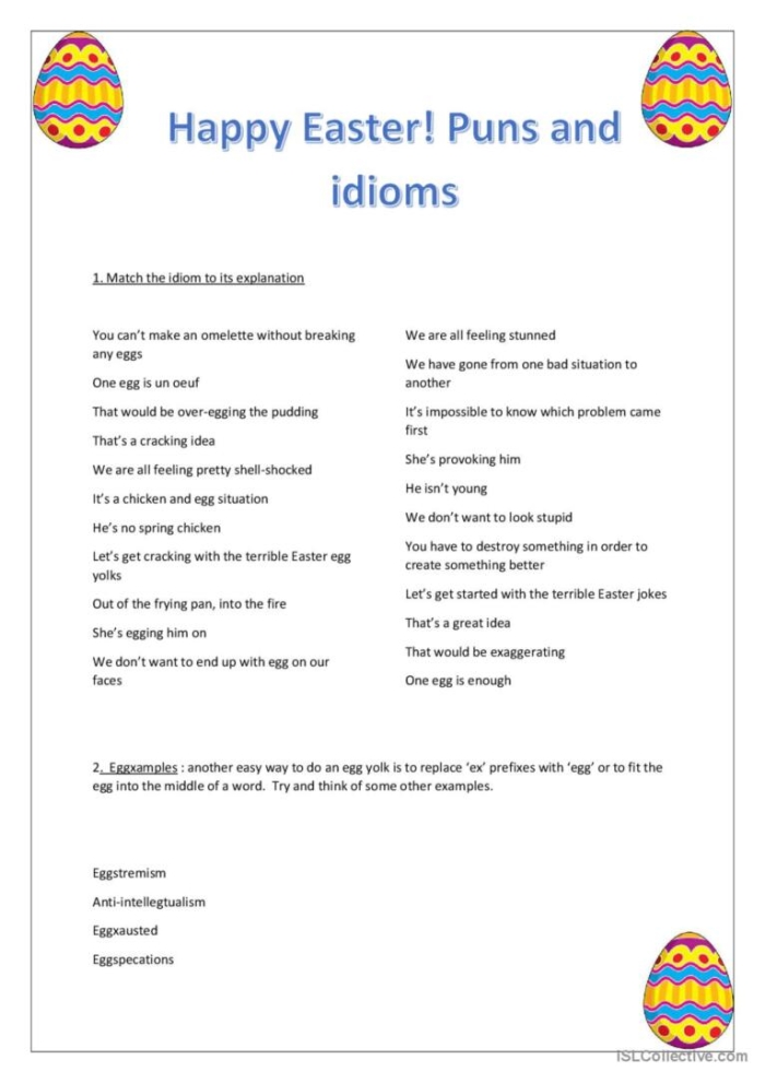 Worksheet image showcasing Easter idioms for better sentence context understanding Easy Easter Idioms worksheet for fourth graders to enhance reading skills