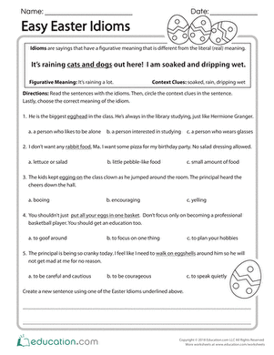 Reading worksheet for Fourth Grade Easy Easter Idioms worksheet for fourth-grade reading activities with a colorful egg theme. Discover the meanings of Easter idioms through engaging sentence contexts.