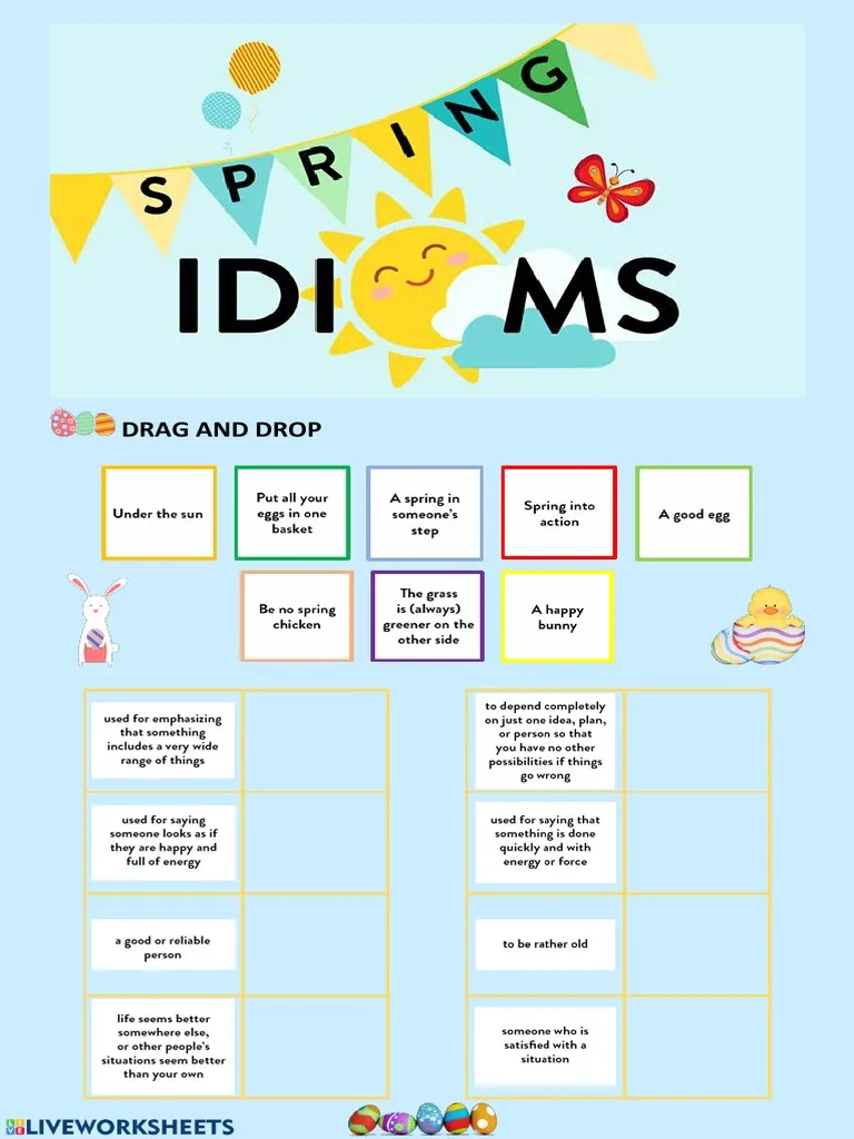 Engaging worksheet featuring Easter-themed idioms and sentence context clues Easy Easter Idioms worksheet for fourth graders to explore idiomatic expressions in context