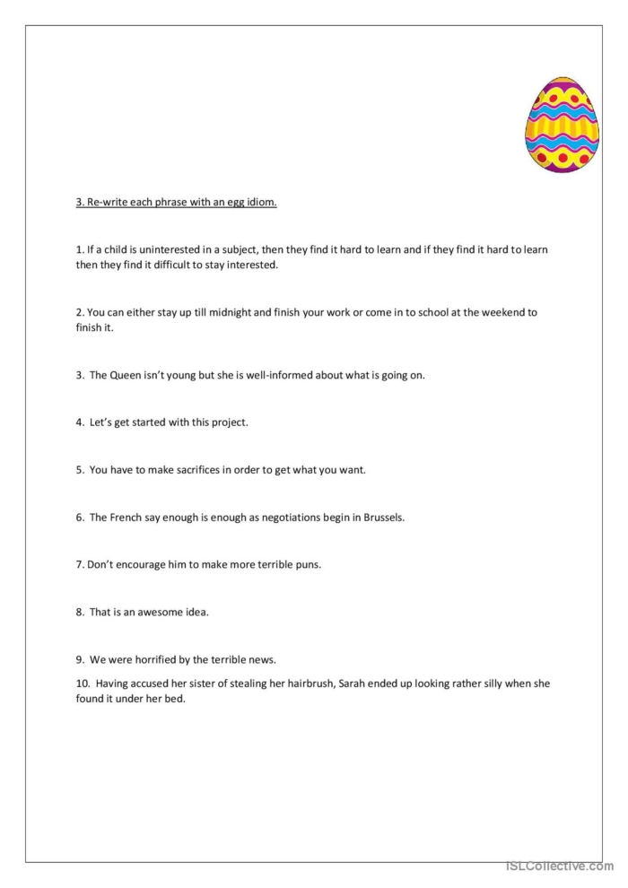Reading worksheet for Fourth Grade Easy Easter Idioms worksheet for fourth graders featuring colorful egg illustrations. Discover the fun meanings of idioms related to Easter in this engaging activity.