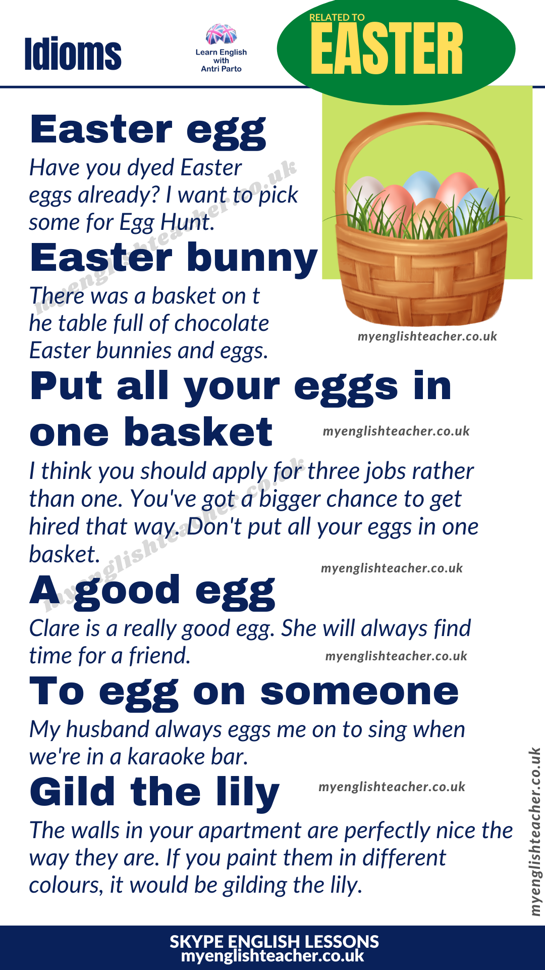 Worksheet image illustrating Easter idioms in a fun and engaging way for students to learn Easy Easter Idioms worksheet featuring playful illustrations and example sentences for fourth graders