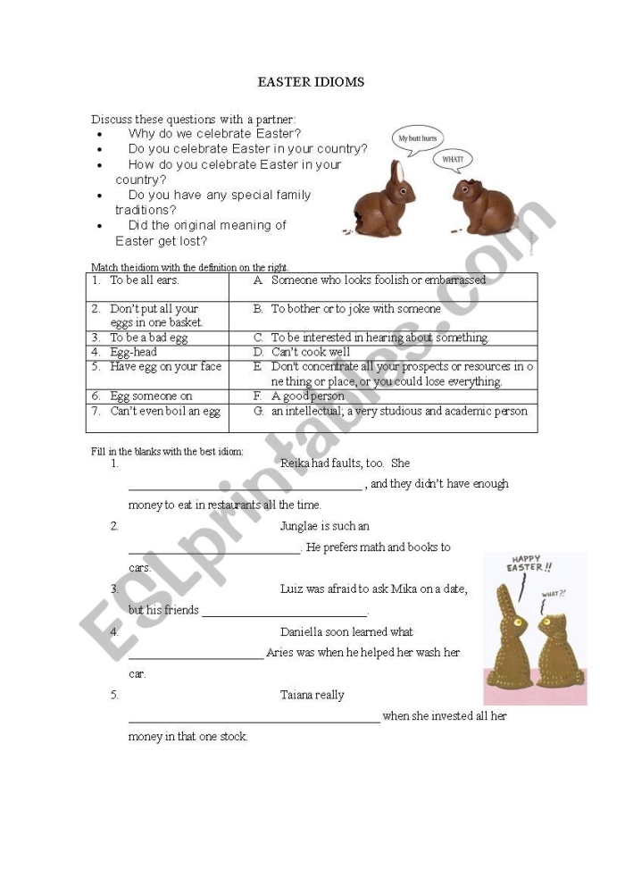 Fun and engaging Easy Easter Idioms worksheet for students to explore language Easter idioms worksheet designed for fourth graders to enhance reading skills