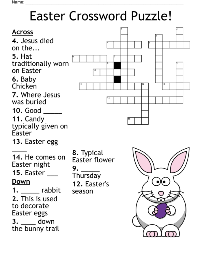 First grade Easter themed crossword puzzle worksheet with colorful spring imagery