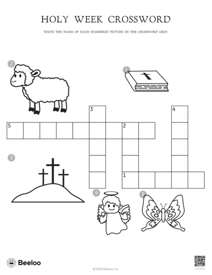 First grade student completing a colorful Easter crossword puzzle worksheet
