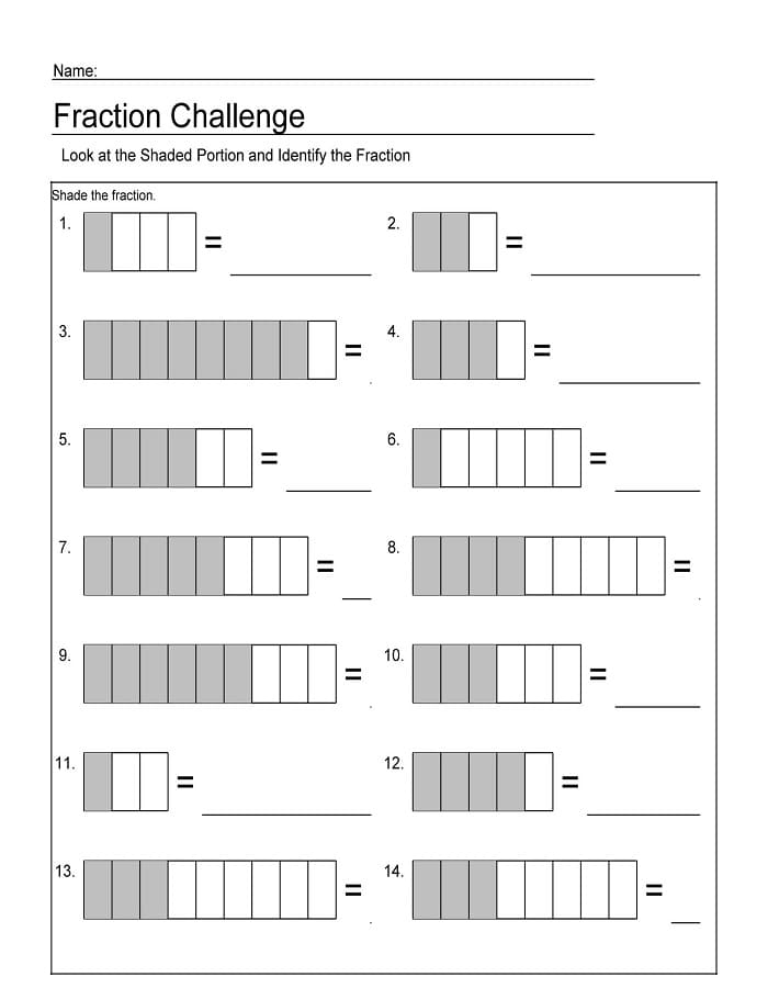 Third grade students practice identifying and shading fractions on a two-page math worksheet activity