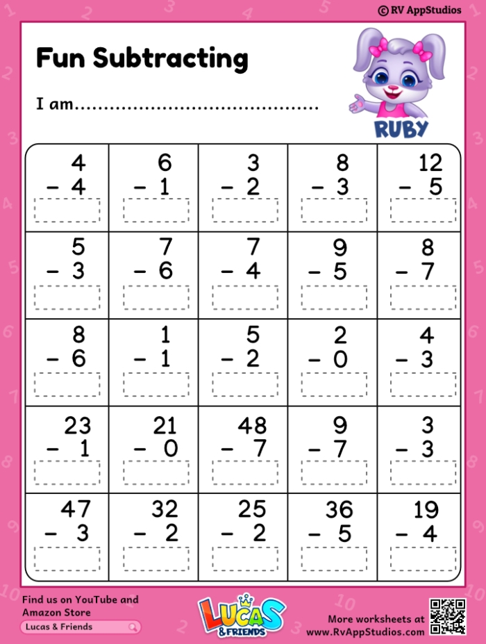 Pre-K subtraction worksheet featuring objects to count and cross out for numbers one to five