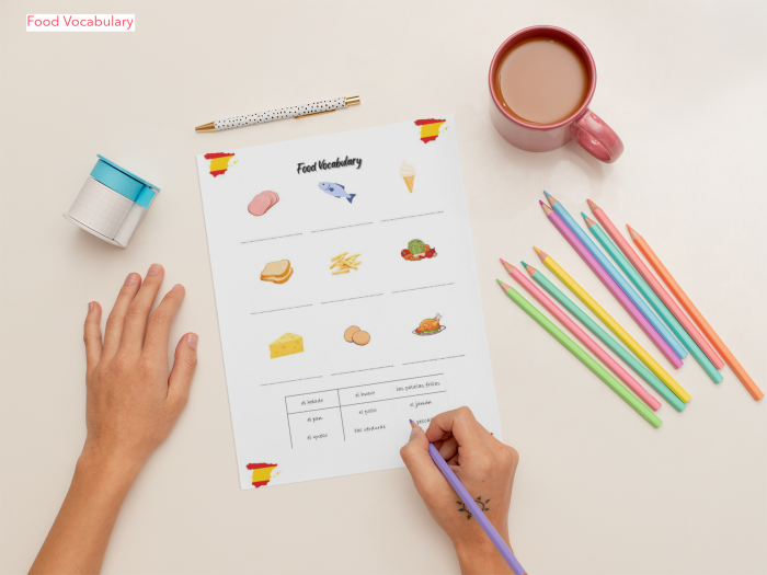 Children practicing ordering food in Spanish with Sam and Paula on a worksheet