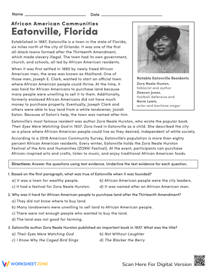 Discovering Eatonville: A Third Grade Lesson on African American History and Heritage Third grade students learning about the history of Eatonville Florida an important African American community through a worksheet activity