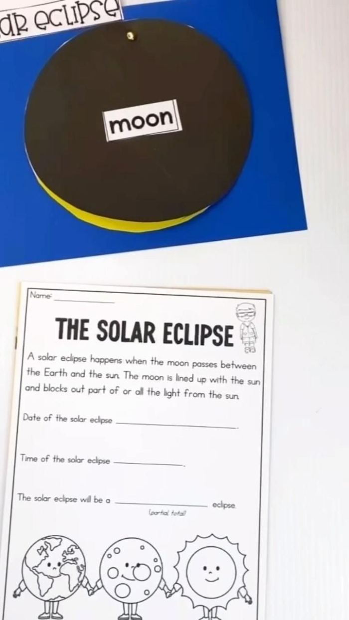 Fifth grade students learning about solar and lunar eclipse phases on a printable science worksheet