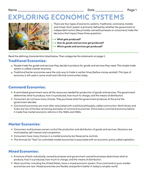 Sixth grade students learning about traditional market command and mixed economic systems on an educational worksheet
