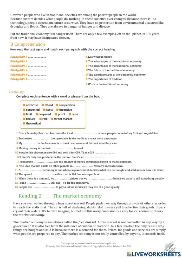 Sixth grade students learning about traditional market command and mixed economic systems on a worksheet page 21