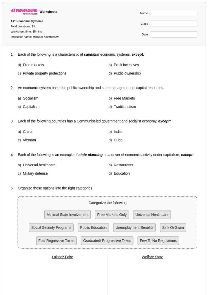 Sixth grade worksheet covering traditional, market, command, and mixed economic systems