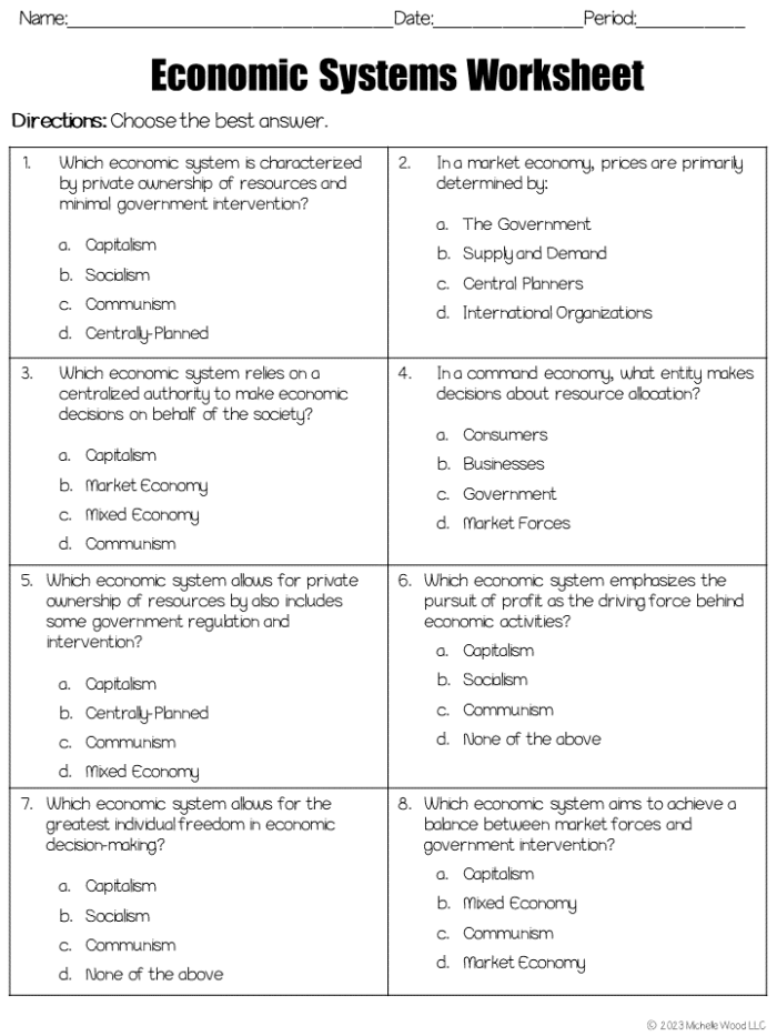 Sixth grade students completing a worksheet about traditional market command and mixed economic systems