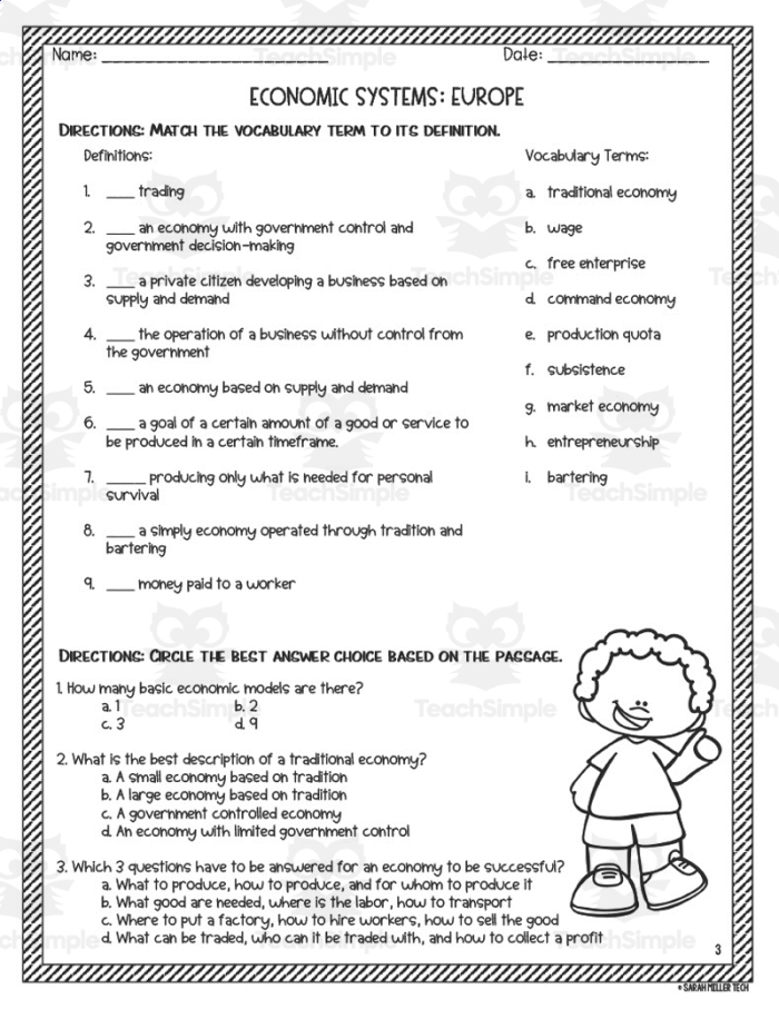 Sixth grade student filling out an Exploring Economic Systems worksheet on traditional, market, command, and mixed economies