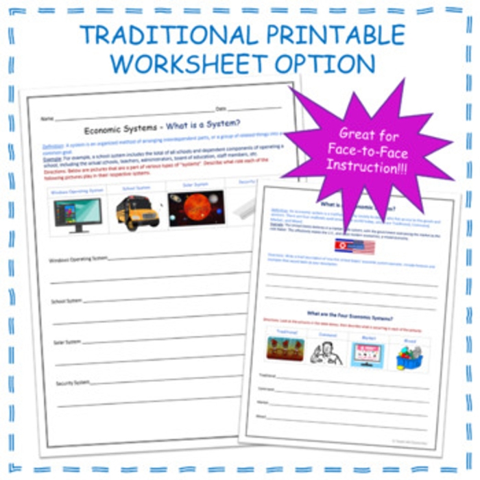 Sixth grade students learning about traditional market command and mixed economic systems on a worksheet page 8