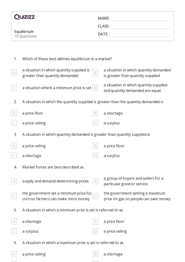 Shortage Surplus and Prices Worksheet 12 Sixth grade economics worksheet illustrating the impact of market surpluses and shortages on price adjustments