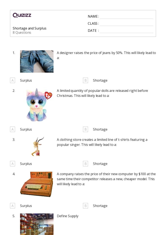 Shortage Surplus and Prices Economics Worksheet 10 Sixth grade economics worksheet illustrating the impact of market surpluses and shortages on pricing strategies
