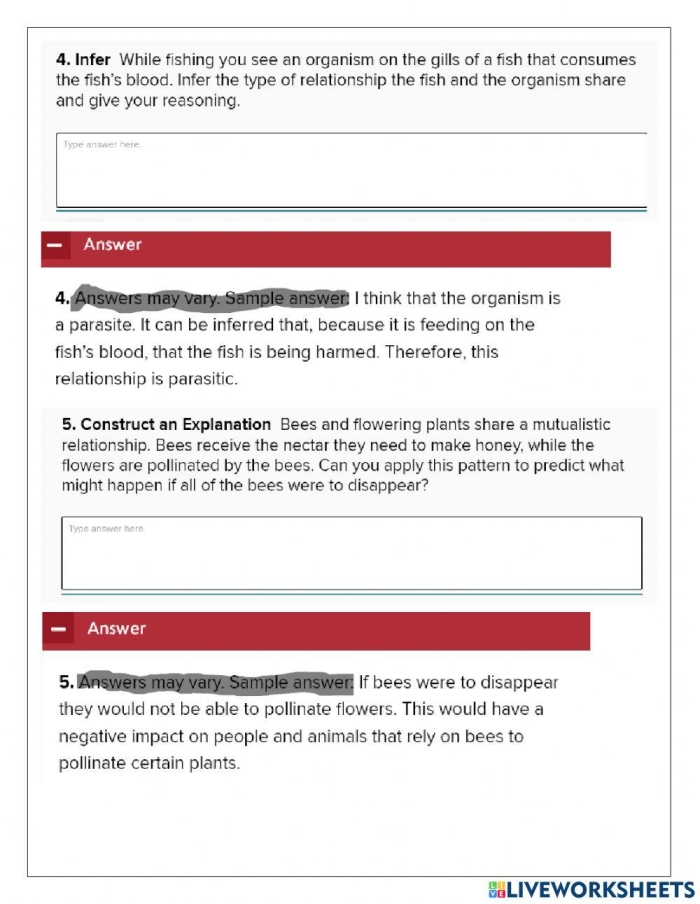 Illustration of various organism interactions in an ecosystem for a sixth-grade science worksheet