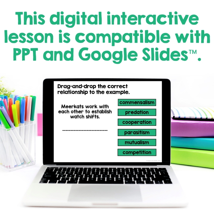 Detailed illustration of various organism interactions in ecosystems for a sixth-grade life science worksheet