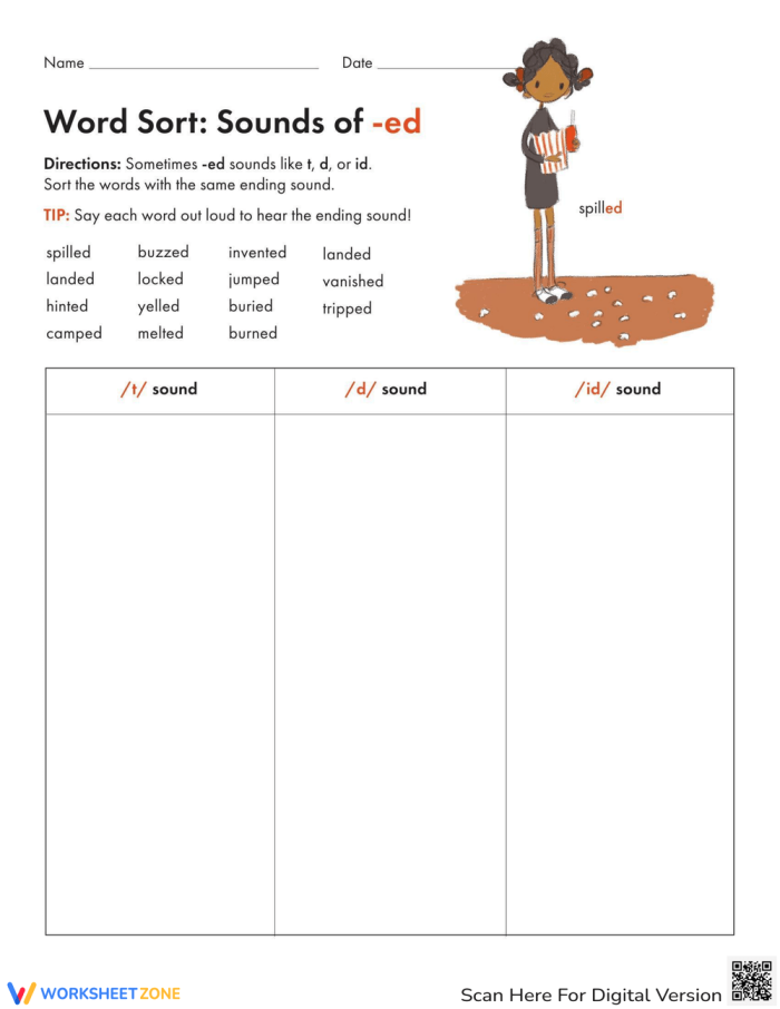 Third grade student worksheet focusing on categorizing the three different sounds of the ed past tense suffix