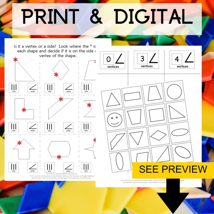 Edges and Vertices Worksheet for Geometry Practice in Second Grade Worksheet showing a fill-in chart for identifying edges and vertices of 2D shapes for second graders