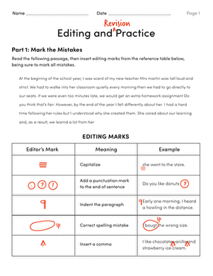 Image showcasing children using editor's marks to correct grammar and punctuation in a short paragraph Editing and Revision Practice worksheet for fourth graders focusing on subtraction errors