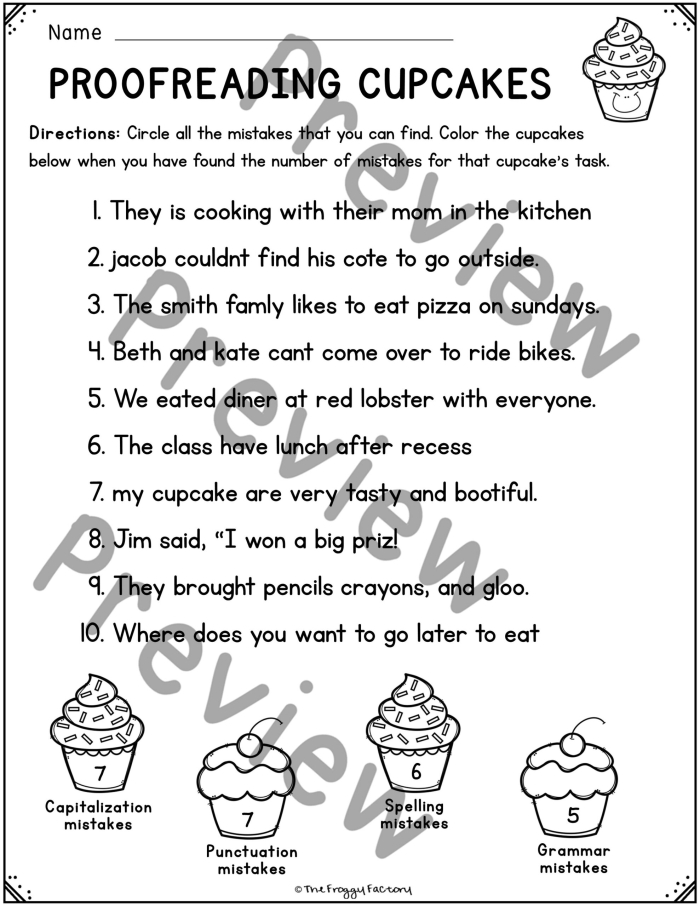 Worksheet image illustrating editor's marks for grammar and punctuation corrections Fourth grade students practicing editing and revision skills using a worksheet on subtraction