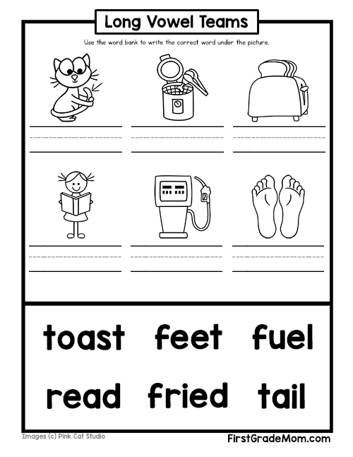 Second grade worksheet focusing on the "ee" vowel team with context clues and a word bank