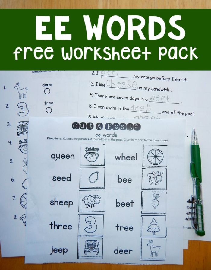 Worksheet featuring the "ee" vowel team for second graders with context clues and a word bank