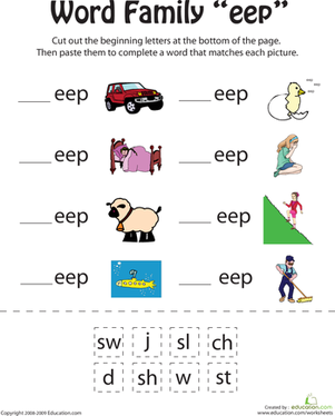 All in the Word Family Eep Words Worksheet Ten Kindergarten worksheet for practicing the eep word family through a cut and paste exercise