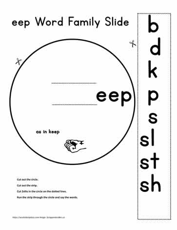 All in the Word Family Eep Words Cut and Paste Activity 19 Children cutting and pasting words from the eep word family including deep, keep, and sleep on a kindergarten worksheet