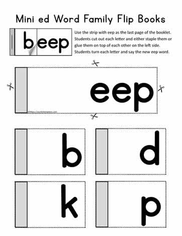 All in the Word Family eep Words cut and paste activity for early readers Children cutting and pasting words from the eep word family including keep, deep, and sleep onto a kindergarten worksheet