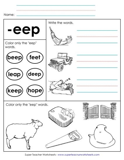 All in the Word Family Eep Words Worksheet 18 Kindergarten cut and paste worksheet focusing on reading and building words in the eep family