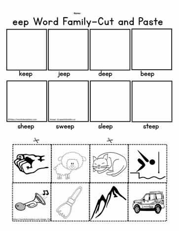 All in the Word Family Eep Words Cut and Paste Practice Sheet for Early Readers Children cutting and pasting words from the eep word family including keep, deep, and sleep on a kindergarten worksheet activity